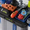 A grey TRAVEL box-style 3-in-1 toy tool set with a blue handle and travel logo, including a green workbench, an orange saw and a blue electric drill Application Scenario